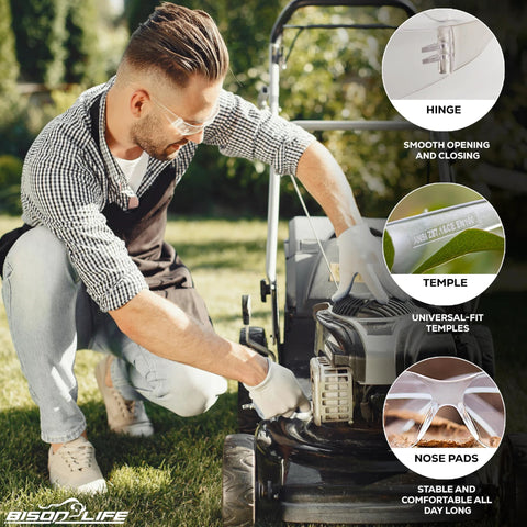Man wearing Clear Safety Glasses With Polycarbonate Lens And Wraparound Side Shields Pack 12 while working on lawn mower
