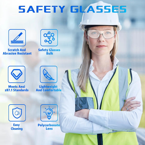 Engineer wearing Clear Z87.1 Certified Safety Glasses For Work Lab Scratch Resistant 30 Pcs with highlighted features in background