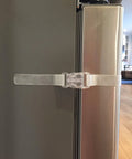 Self Adhesive Safety Latches For Baby And Adults, Clear Multi Use Straps For Cabinets, Fridges And Freezers, Installed on Fridge