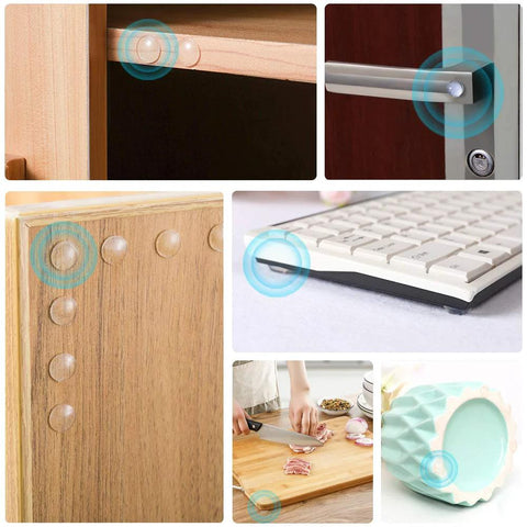 Collage of 200 Pcs Clear Cabinet Bumpers Self Adhesive Soft Close Quiet Cupboard Door Bumpers Pads for various furniture uses.