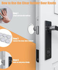Installation steps for Wall Saver Door Stopper Set Self Adhesive Six Pack Two Inch Quiet Door Bumpers shown on a door