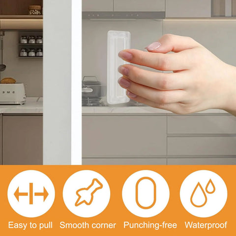 Hand using Clear PU Self Adhesive Finger Pulls 8 Pack Multipurpose Square Handles For Kitchen And Bathroom Cabinets Drawers Windows.