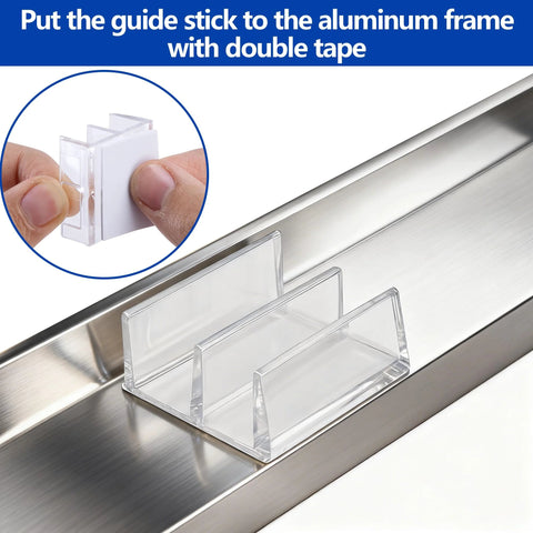 Clear Sliding Shower Door Bottom Guide Set For Top Hung Glass Doors, six pieces, adhesive mount demonstration on track