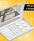 Clear Cabinet Bumper Pads Set With Self Adhesive Silicone Cushions for Doors, Drawers and Furniture in plastic box with sizes.