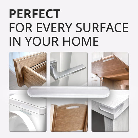 Image showing multiple uses of 40 Pack Clear Cabinet Door Bumpers That Say No More Slams, Soft Close Pads, for cabinets, doors, and more surfaces.