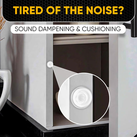 Clear Silicone Cabinet Door Bumpers For No More Noisy Slams Self Adhesive Pads installed on cabinet door close-up
