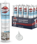 Clear Silicone Caulk Sealant For Kitchen And Bathroom, 100 Percent Silicone, Waterproof And Anti Shrink, Crystal Clear Finish For Shower Sink Tub Tile And Countertops, Invisible Joint Sealing, Easy Application, 12 Pack 10.1 Fl Oz Each displayed with drop and packaging