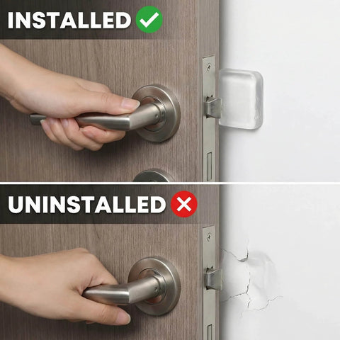 Image showing installed 12 Pack Clear Adhesive Door Stoppers Wall Protectors, 1.57 Inch Square Bumpers reducing noise, preventing wall dents.