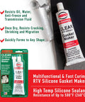 Garage Tough High Temp Silicone Sealant And Gasket Maker For Automotive And Industrial Use Up To 500 Degree Fahrenheit Heat Clear 3 Oz Tube with packaging