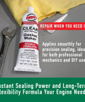 Garage Tough High Temp Silicone Sealant And Gasket Maker For Automotive And Industrial Use Up To 500 Degree Fahrenheit Heat Clear 3 Oz Tube Durable Flexible Sealant That Resists Oil Water Antifreeze And Transmission Fluid tube and tools on table.