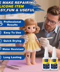 Man repairing toy with Fast Bonding Top Notch Clear Silicone Glue For Silicone Rubber And TPU TPE TPR Crafts Waterproof Liquid Adhesive For Models Toys And Crafts With Six Applicator Nozzles 100g, bottles on table.