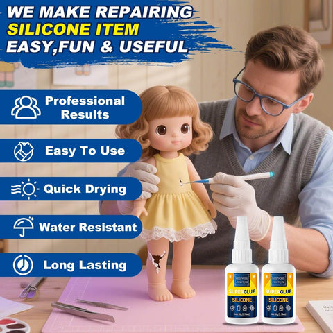 Man repairing toy with Fast Bonding Top Notch Clear Silicone Glue For Silicone Rubber And TPU TPE TPR Crafts Waterproof Liquid Adhesive For Models Toys And Crafts With Six Applicator Nozzles 100g, bottles on table.