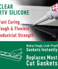 Close-up of Garage Tough High Temp Silicone Sealant And Gasket Maker being applied on a metal surface