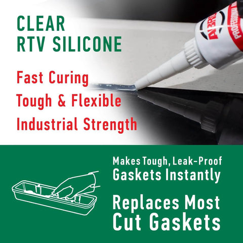 Close-up of Garage Tough High Temp Silicone Sealant And Gasket Maker being applied on a metal surface