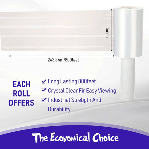 Clear Stretch Wrap 20 Roll Bundle 5 Inch By 800 Feet Heavy Duty 80 Gauge Plastic Wrap With Handle For Packing Moving Furniture Pallets Self Adhering Industrial Film, showing one roll with dimensions.