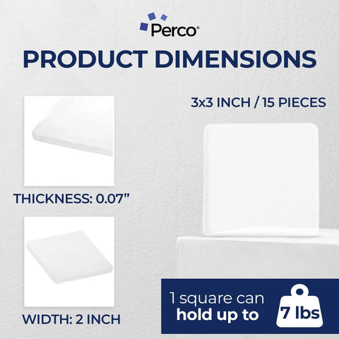 Nano Double Sided Tape Squares Clear Mounting Tape Kit 3x3 Inches 15 Pack showing dimensions, thickness 0.07 inches.