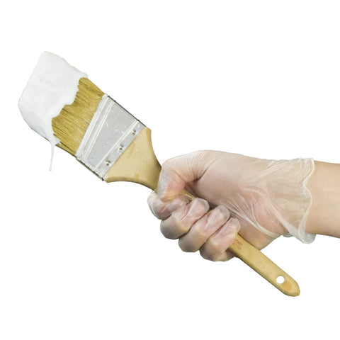 Person wearing clear vinyl gloves holding a paintbrush, emphasizing Clear Vinyl Gloves Latex Free Powderfree Food Safe Disposable Nonsterile