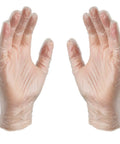 Clear Vinyl Gloves Latex Free Powderfree Food Safe Disposable Nonsterile worn on hands, transparent design, front view.