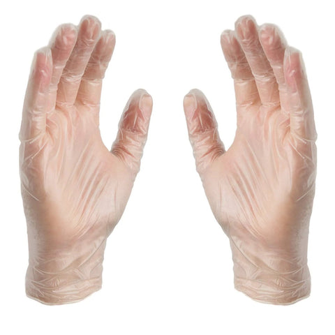 Clear Vinyl Gloves Latex Free Powderfree Food Safe Disposable Nonsterile worn on hands, transparent design, front view.