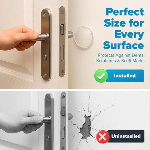 STRONGEST HOME Wall Protector for Door Knobs, 2-Inch installed preventing wall damage; comparison of protected and unprotected walls.