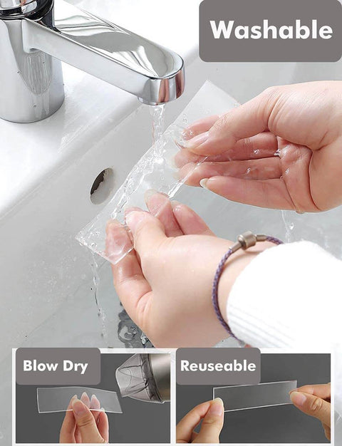 Person washing Double Sided Nano Tape 2 Inch By 33 Feet Heavy Duty Mounting Gel Tape Clear Traceless Washable Removable