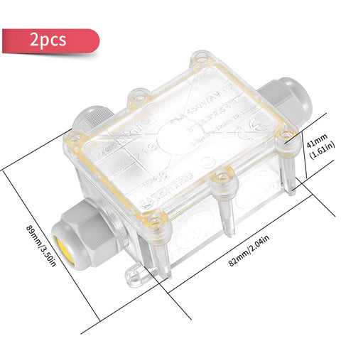 Outdoor Waterproof Junction Box 3 Way Electrical Box Clear 2-pack with dimensions for cable connector 5 to 15mm wire glands