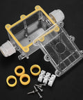 Outdoor Waterproof Junction Box 3 Way Electrical Box Clear External Underground Cable Connector with accessories and wire glands.