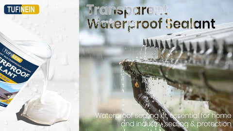 Clear Waterproof Sealant Coating for Indoor And Outdoor Use 35oz bottle shown next to gutter being sealed to prevent leaks.