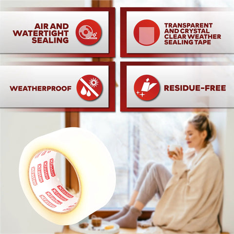 Transparent Window Weather Sealing Tape 2 Inch by 30 Yard showing air-tight sealing features in home environment.