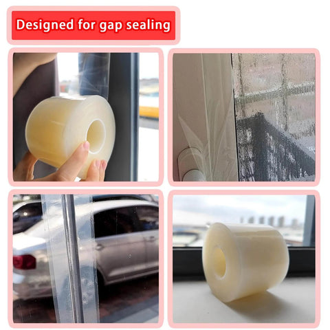 Window Weather Sealing Tape, 3 Inch x 165 FT, shown in use sealing gaps around a window, clear, no residue, weatherproof.