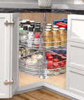 Clear One Eighth Wedge Corner Cabinet Lazy Susan Organizer Bins For 28 To 29 Inch Diameter, filled with spices and snacks.