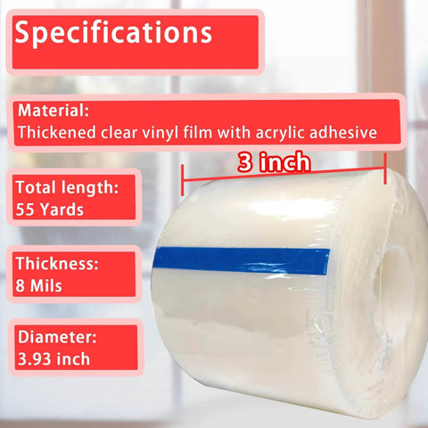 Specifications of Window Weather Sealing Tape, 3 Inch x 165 FT(55 Yards), material, length, thickness, diameter details.