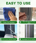 Steps to apply Transparent Window Weather Sealing Tape 2 Inch x 33 FT, including cleaning, sticking, cutting, and smoothing.