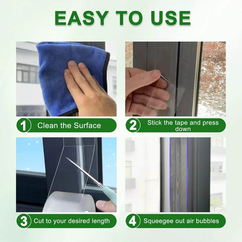 Steps to apply Transparent Window Weather Sealing Tape 2 Inch x 33 FT, including cleaning, sticking, cutting, and smoothing.