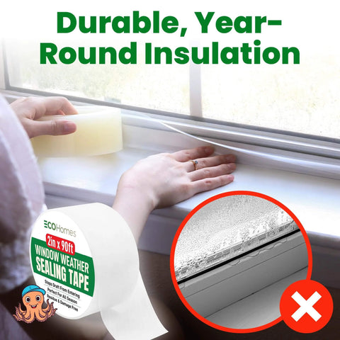 Hands applying Window Weather Sealing Tape to window, clear tape sealing gaps to block drafts, shown with product roll, 2in x 90ft size.