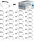 Clear Z87.1 Certified Safety Glasses For Work Lab Scratch Resistant 30 Pcs with packaging and multiple glasses displayed