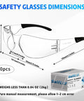 Clear Z87.1 Certified Safety Glasses For Work Lab Scratch Resistant 30 Pcs with dimensions and box packaging shown