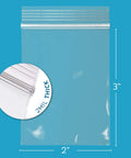 Clear Plastic Reclosable ZIP Bags 2 Mil 2x3 Inch Case of 100 for Travel Storage and Shipping, close-up on 2mil thickness