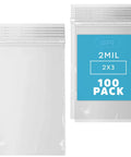 Clear Plastic Reclosable ZIP Bags 2 Mil 2x3 Inch Case of 100, shown with packaging highlighting size and thickness.