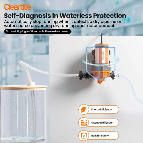 Installed Cleartide Diaphragm Water Pump, 115V, 3.3 GPM, 50 PSI, Self-Priming 10FT, with self-diagnosis and dry-run protection feature.