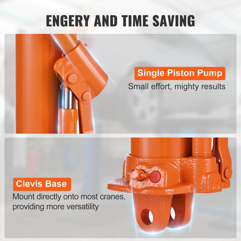 Close-up of Heavy Duty 3 Ton Hydraulic Long Ram Jack for Engine Hoists and Garage Cranes with Clevis Base and piston pump