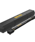 Click Torque Wrench, Half Inch Drive, 10 To 150 Foot Pounds And 13.6 To 203.5 Newton Meters, Pre Calibrated To Four Percent Accuracy, Includes Calibration Certificate With Trackable Serial Number, Made In Taiwan For Durability, shown with case.