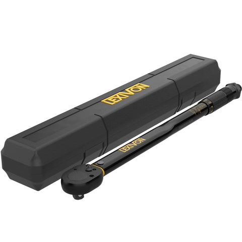 Click Torque Wrench, Half Inch Drive, 10 To 150 Foot Pounds And 13.6 To 203.5 Newton Meters, Pre Calibrated To Four Percent Accuracy, Includes Calibration Certificate With Trackable Serial Number, Made In Taiwan For Durability, shown with case.