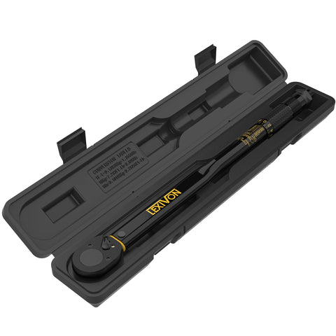 Click Torque Wrench, Half Inch Drive, 10 To 150 Foot Pounds And 13.6 To 203.5 Newton Meters, in hard plastic case