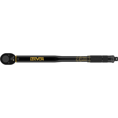 Click Torque Wrench, Half Inch Drive, 10 To 150 Foot Pounds And 13.6 To 203.5 Newton Meters, Pre Calibrated To Four Percent Accuracy, Includes Calibration Certificate With Trackable Serial Number, Made In Taiwan For Durability, black full view.