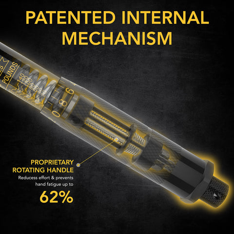 Close-up view of Click Torque Wrench, Half Inch Drive, 10 To 150 Foot Pounds and 13.6 To 203.5 Newton Meters mechanism.