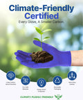 Nitrile Exam Gloves Dark Blue Large Disposable Latex Free Food Safe 100 Count holding a small plant in eco-friendly ad