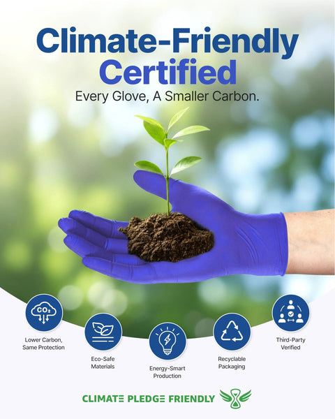 Nitrile Exam Gloves Dark Blue Large Disposable Latex Free Food Safe 100 Count holding a small plant in eco-friendly ad