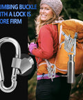 Hiker with orange backpack using climbing buckle carabiner for secure attachment in the outdoors