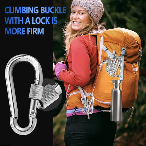 Hiker with orange backpack using climbing buckle carabiner for secure attachment in the outdoors